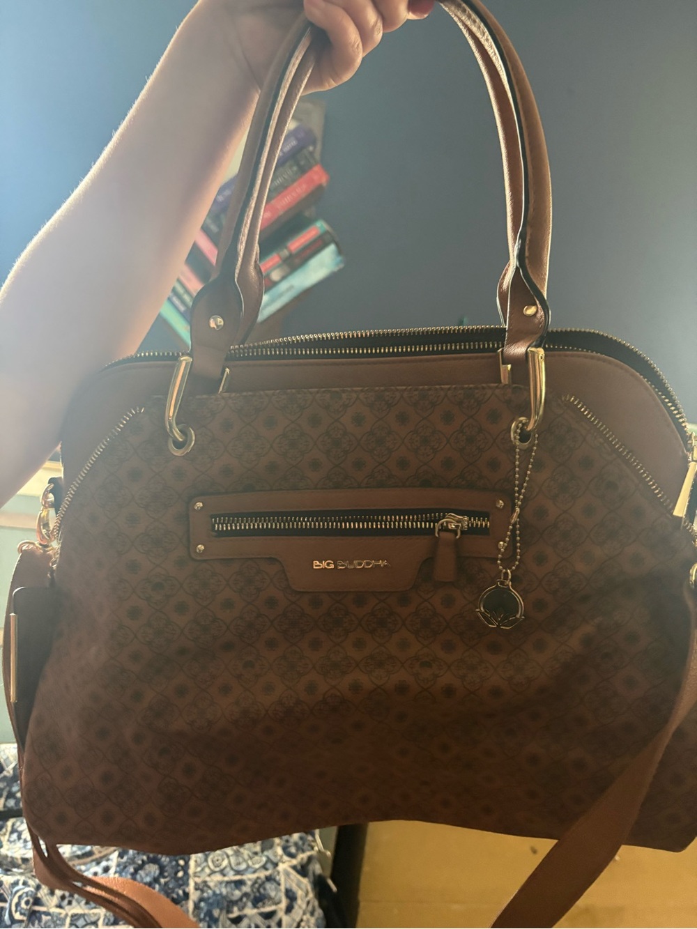 Big Buddha Brown Patterned Dome Satchel with Gold Accent
